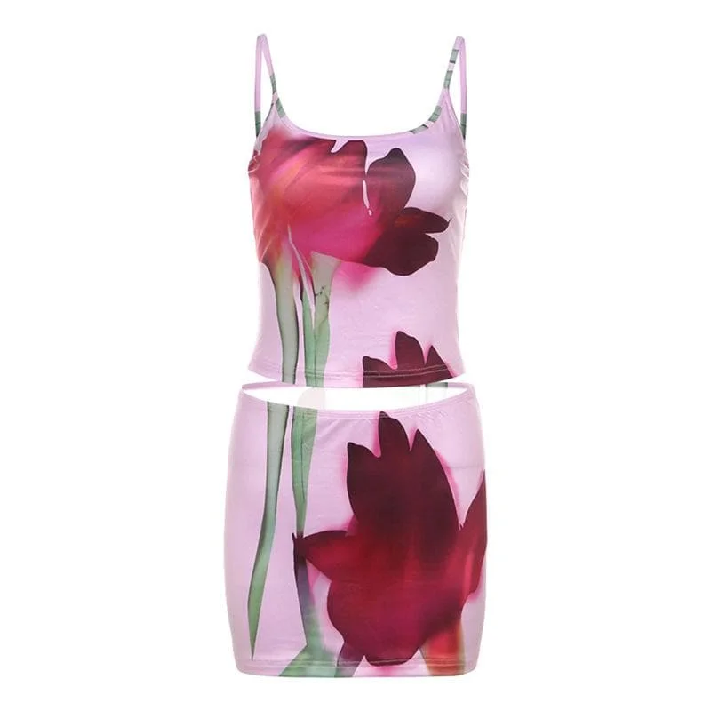 U neck flower print cami mini skirt set silk skirt sleek