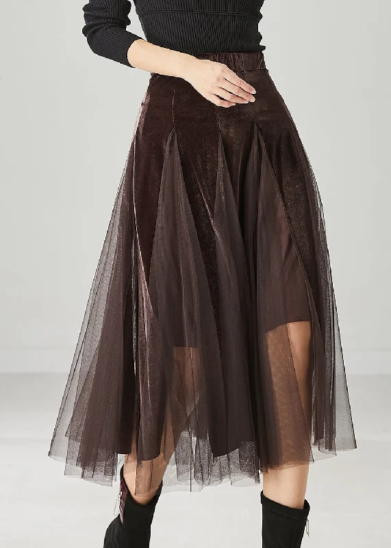 Vintage Brown Exra Large Hem Patchwork Tulle Silk Velvet Skirts Spring zip skirt side