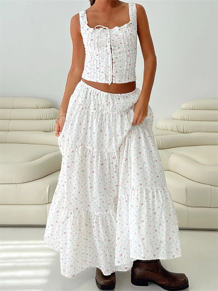 JuliaFashion - Vintage Floral Print Corsets Tank Tops A-Line Long Skirts Suits button skirt front
