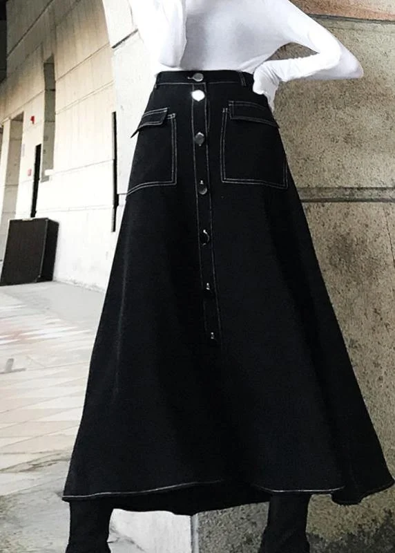 Women Black High Waist Pockets Skirts Summer wrap skirt elegant