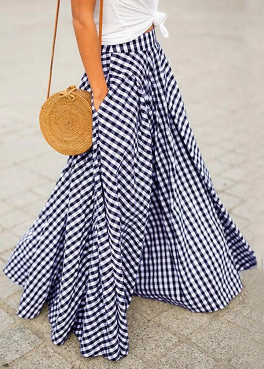 Women Blue Plaid Draping High Waist Maxi Skirt Summer midi skirt versatile