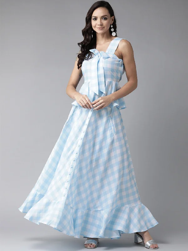 Women's Rayon Sky Blue Digital Checkered Print Top Skirt Set - Ahalyaa asymmetrical skirt cut