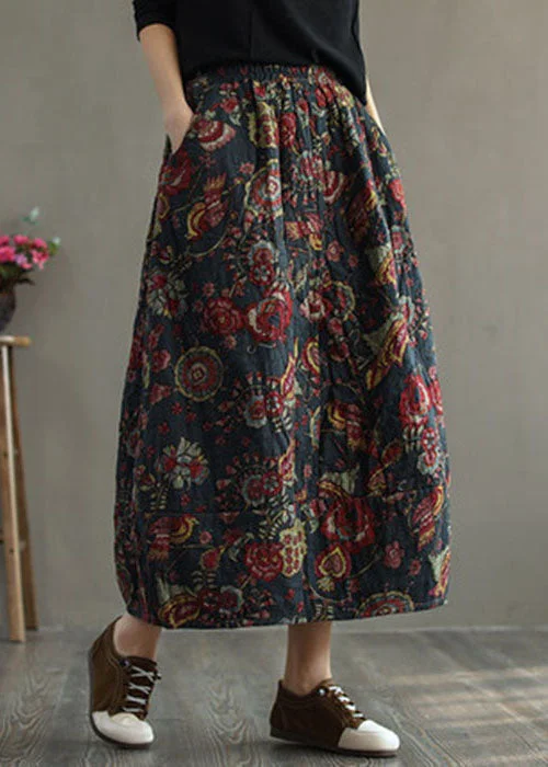 Women Red Elastic Waist Patchwork Print Fine Cotton Filled Skirt Winter tulle skirt dreamy