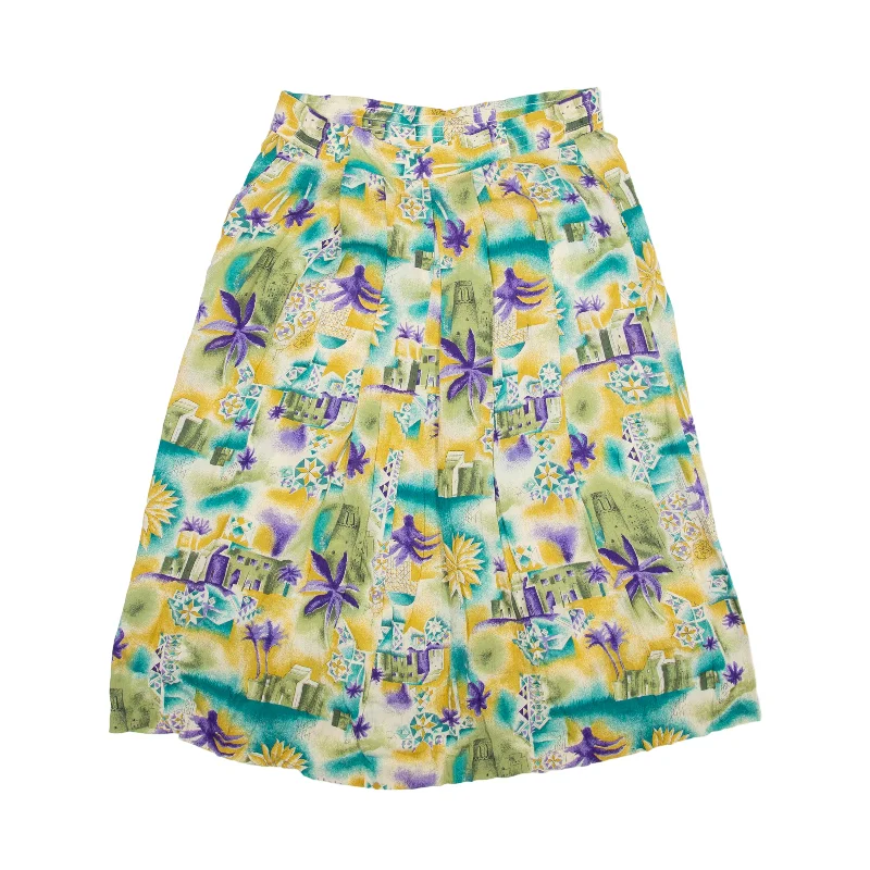 XTROVERT Palm Tree Midi Flare Skirt Yellow Womens XL linen skirt relaxed